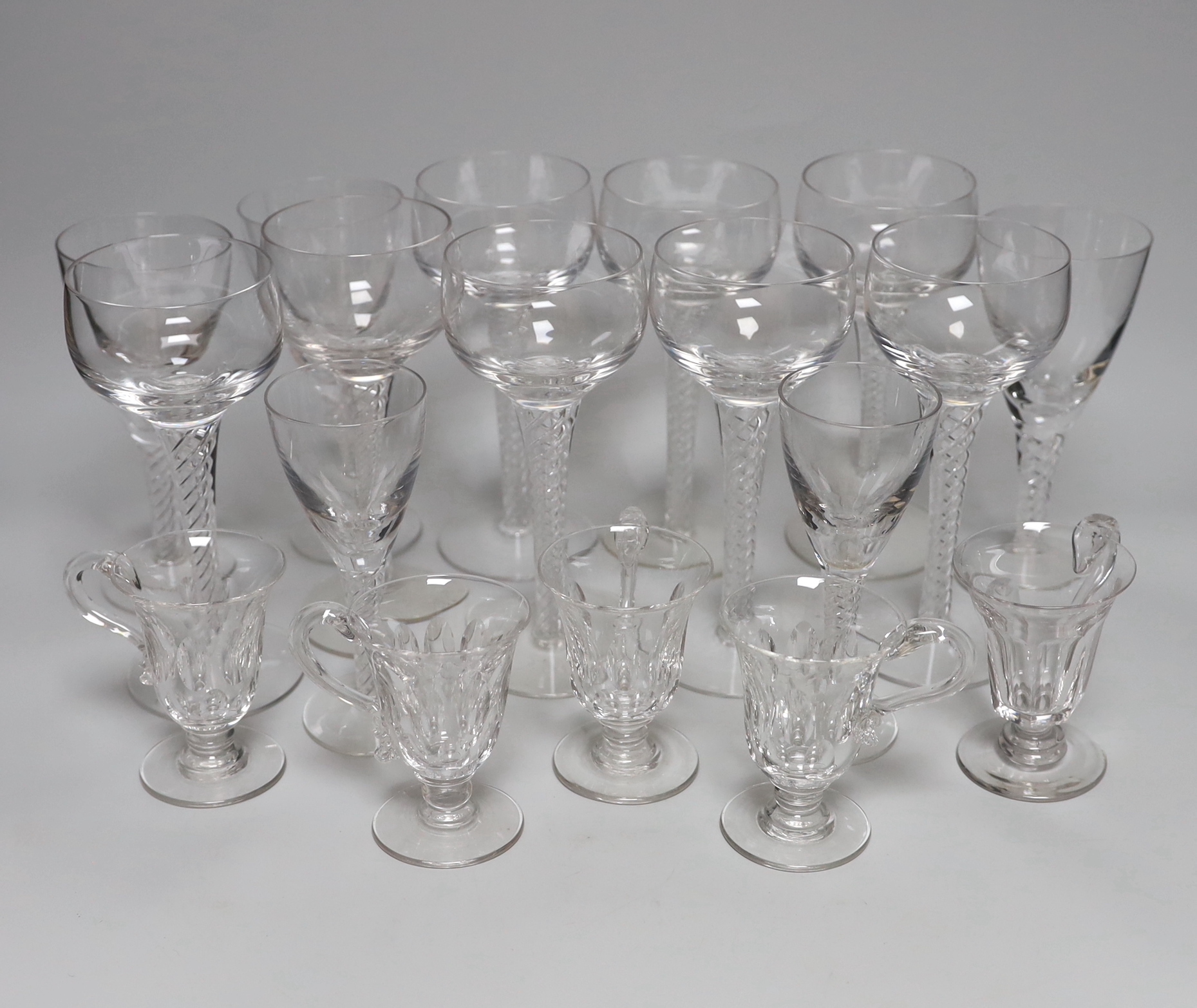 A set of eight 20th century air twist champagne coupe glasses, five others and five custard glasses